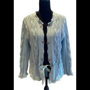 Heather B Sweater Cardigan‎ Plus Size  XL measure as Large Baby Blue Open Weave